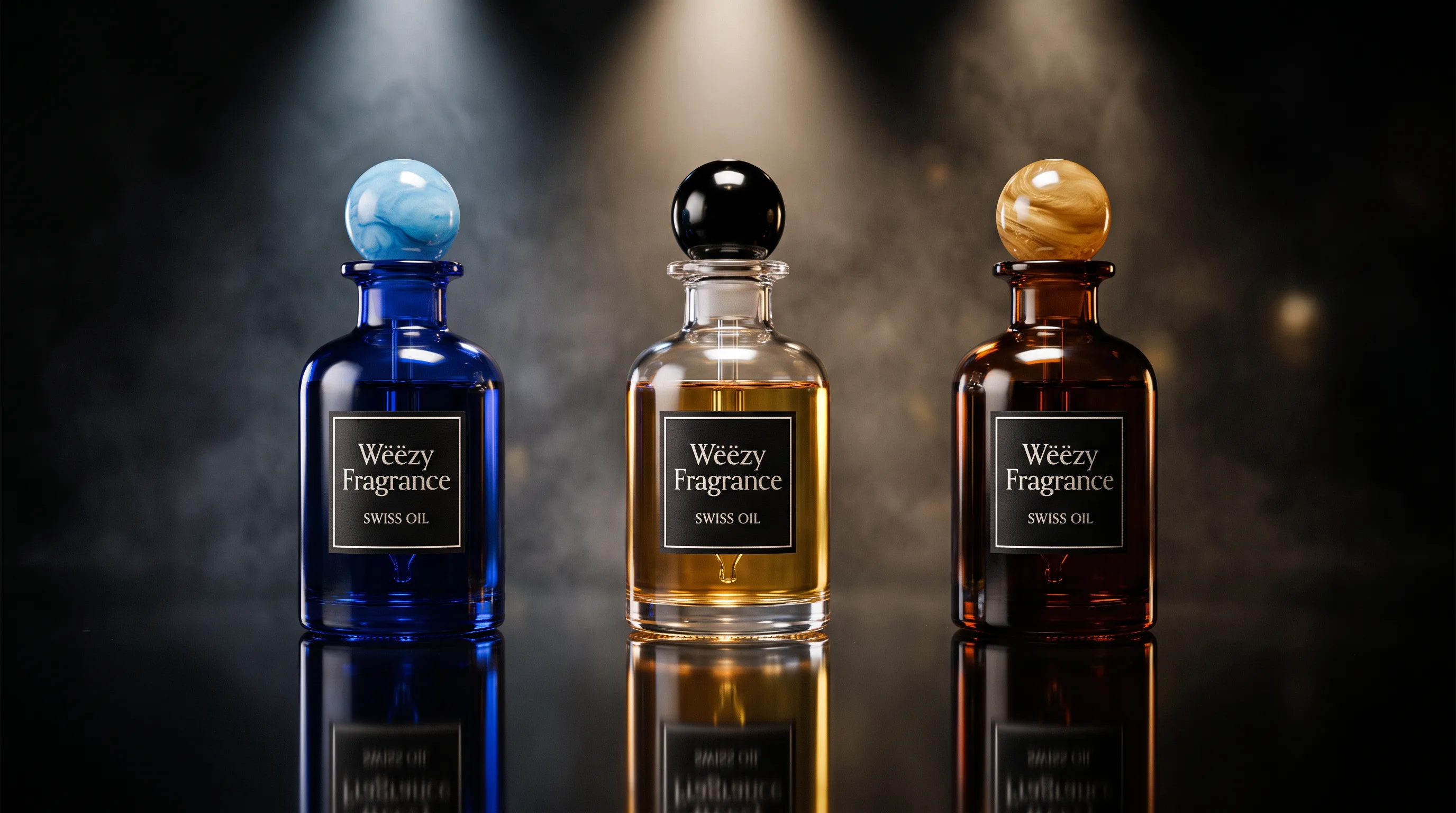 Three Weezy Swiss Oil bottles — blue, clear and amber glass with spherical stoppers