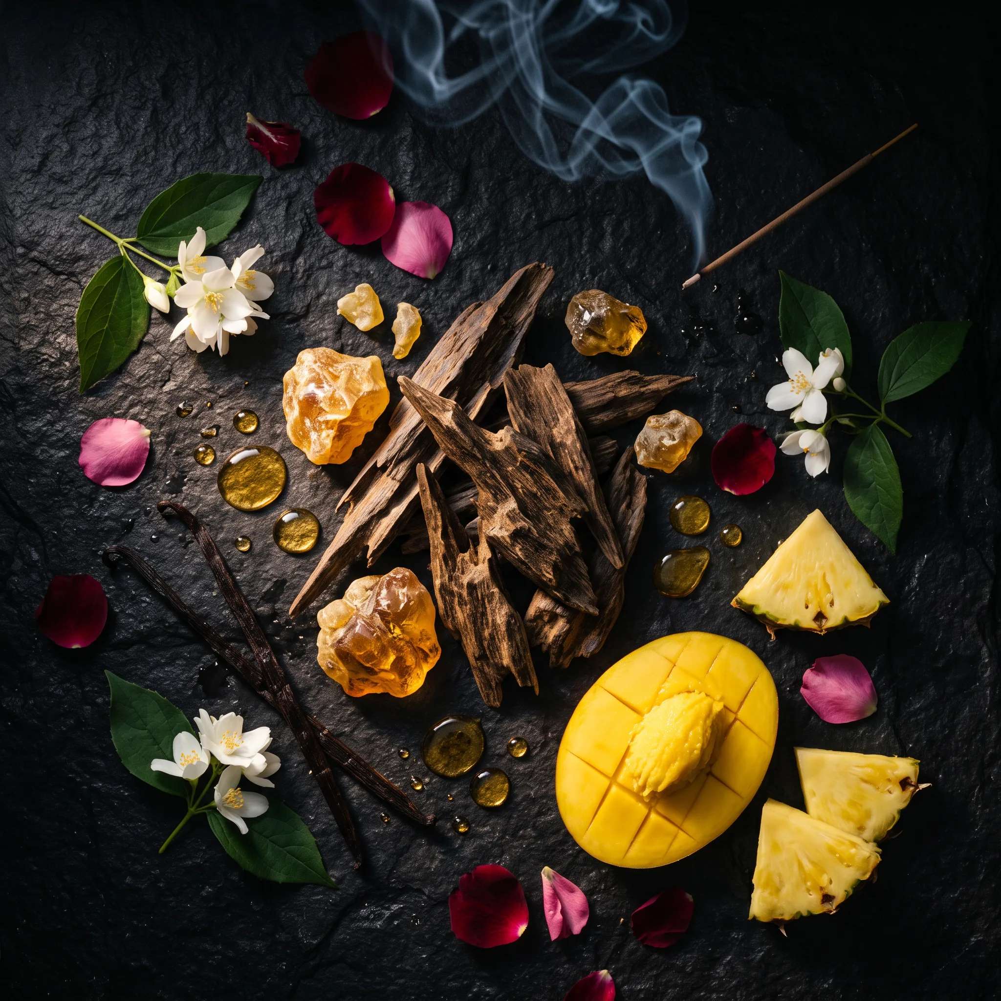 Oud wood, amber resin, jasmine, vanilla pods, mango and pineapple on dark stone